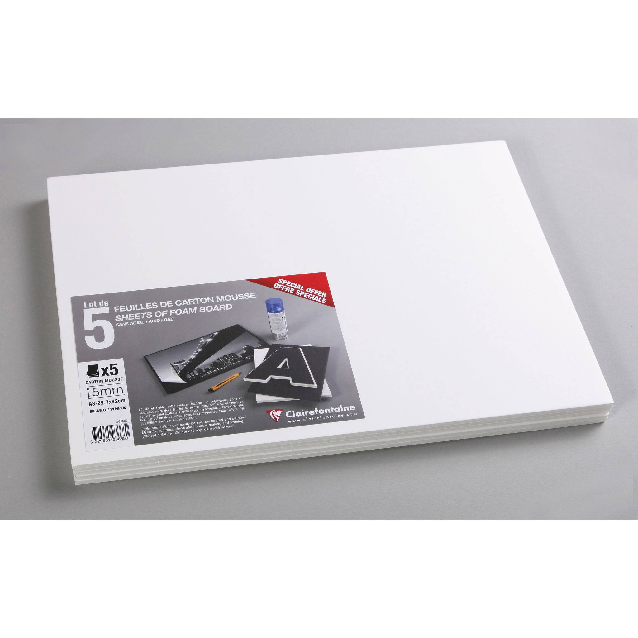 Clairefontaine Schaumkarton 5,0 mm DIN A3 5 Bogen - Weiß 193668C