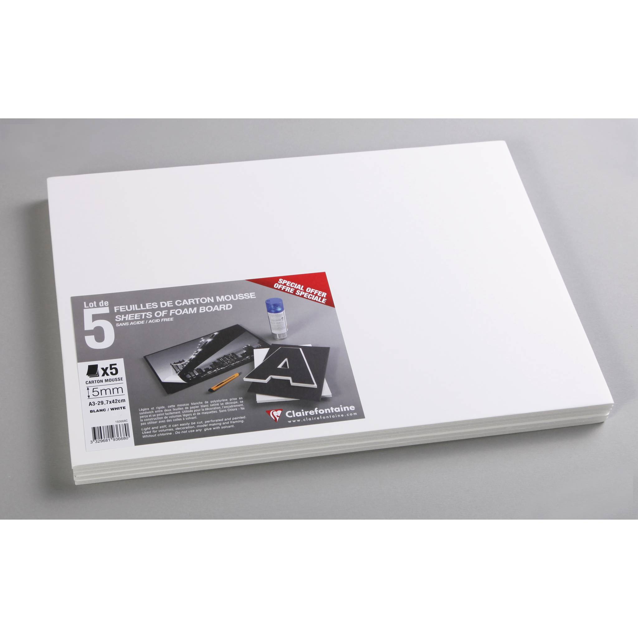 Clairefontaine Schaumkarton 5,0 mm DIN A3 5 Bogen - Weiß 193668C