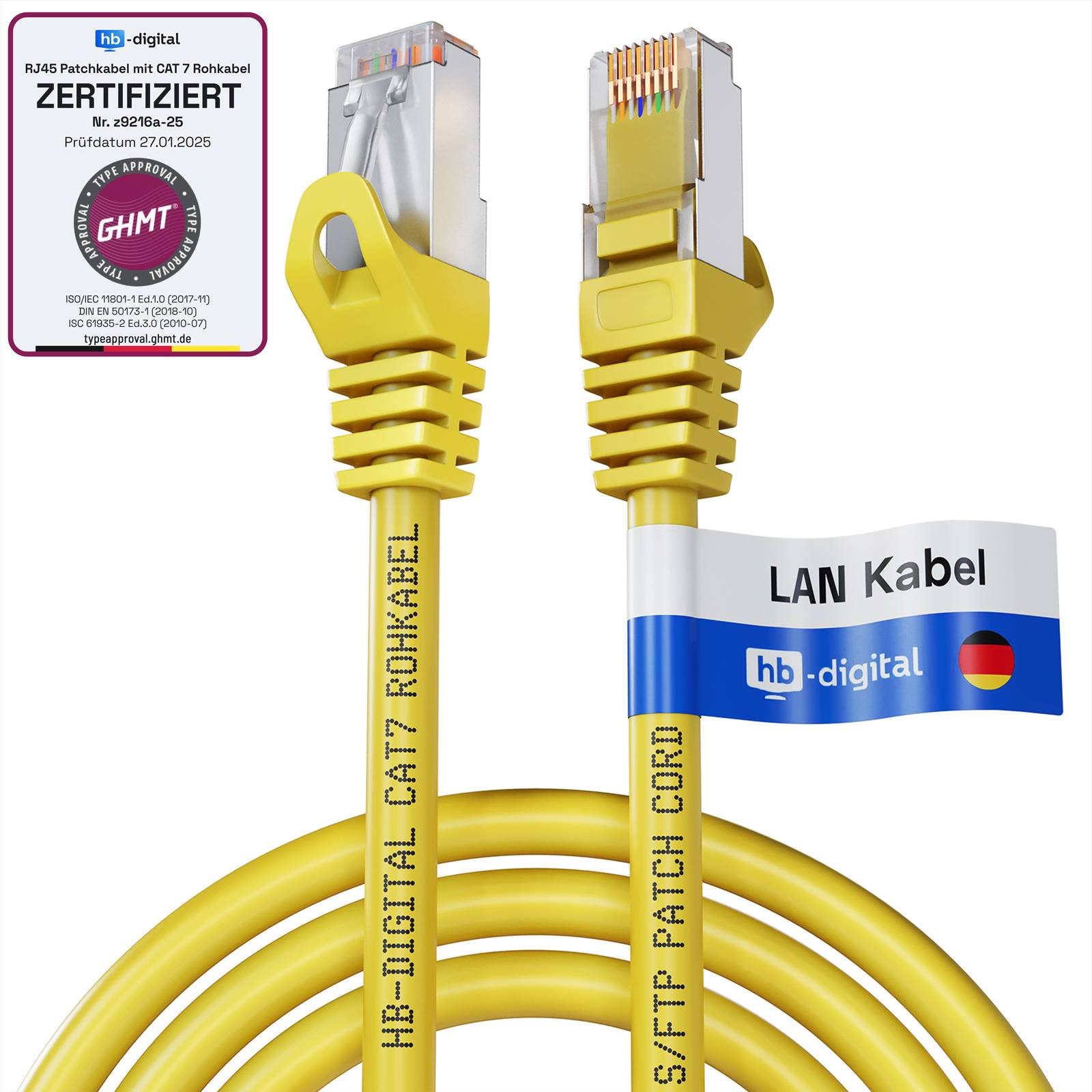 hb-digital Netzwerkkabel 1m CAT 7 Rohkabel RJ45 S/FTP PiMF LSZH gelb