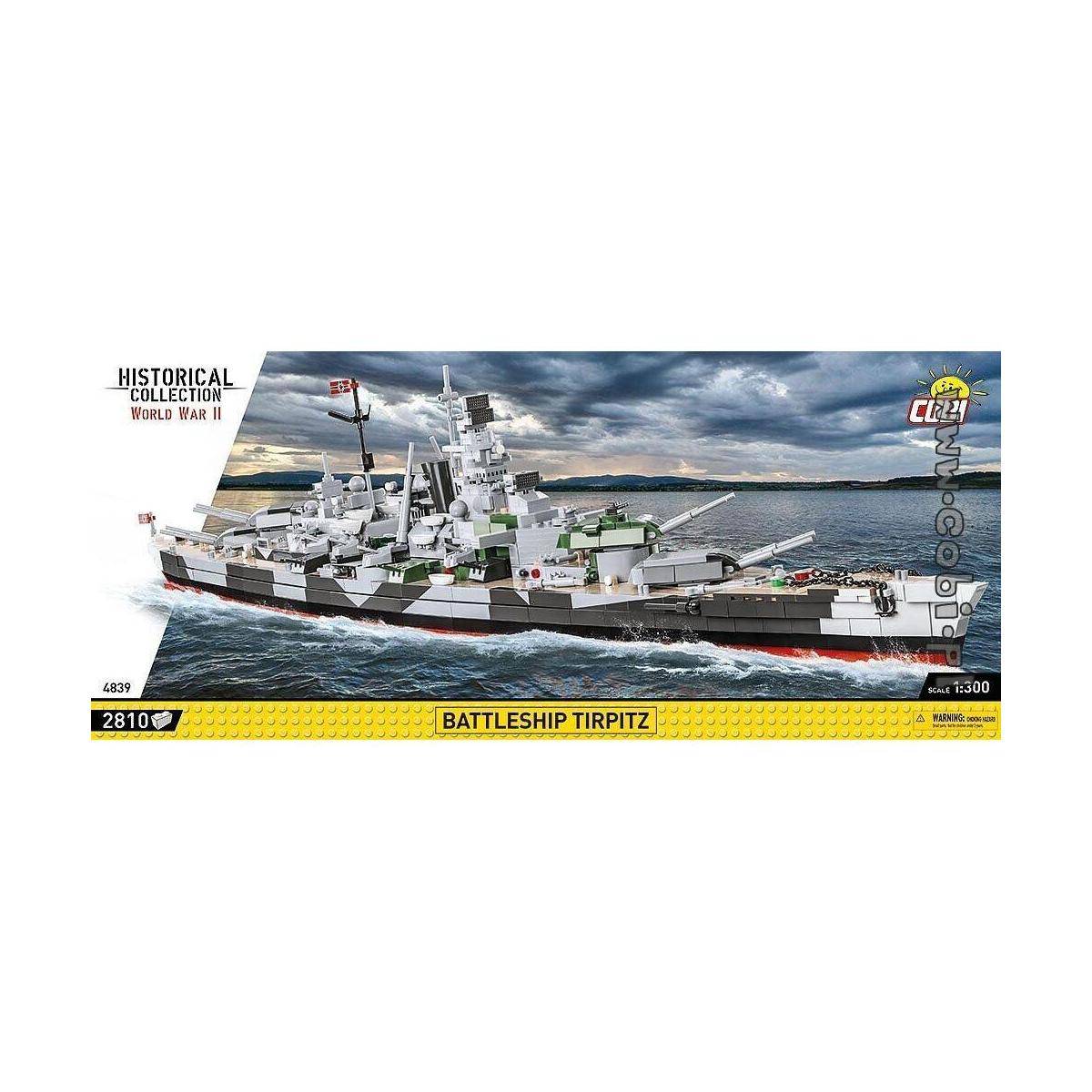 Modellbausatz-Boxbild der 'Schlachtschiff Tirpitz', aus der Historischen Sammlung Zweiter Weltkrieg Serie. Enthält Modellbild und Satzdetails.