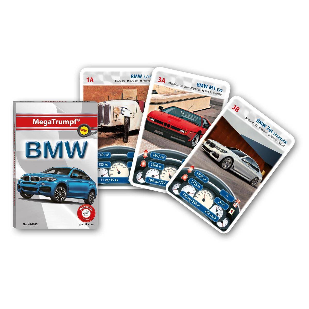 Megatrumpf BMW Kartenspielbox mit einem BMW SUV und drei sichtbaren Karten, die BMW-Modelle und Leistungsstatistiken zeigen.