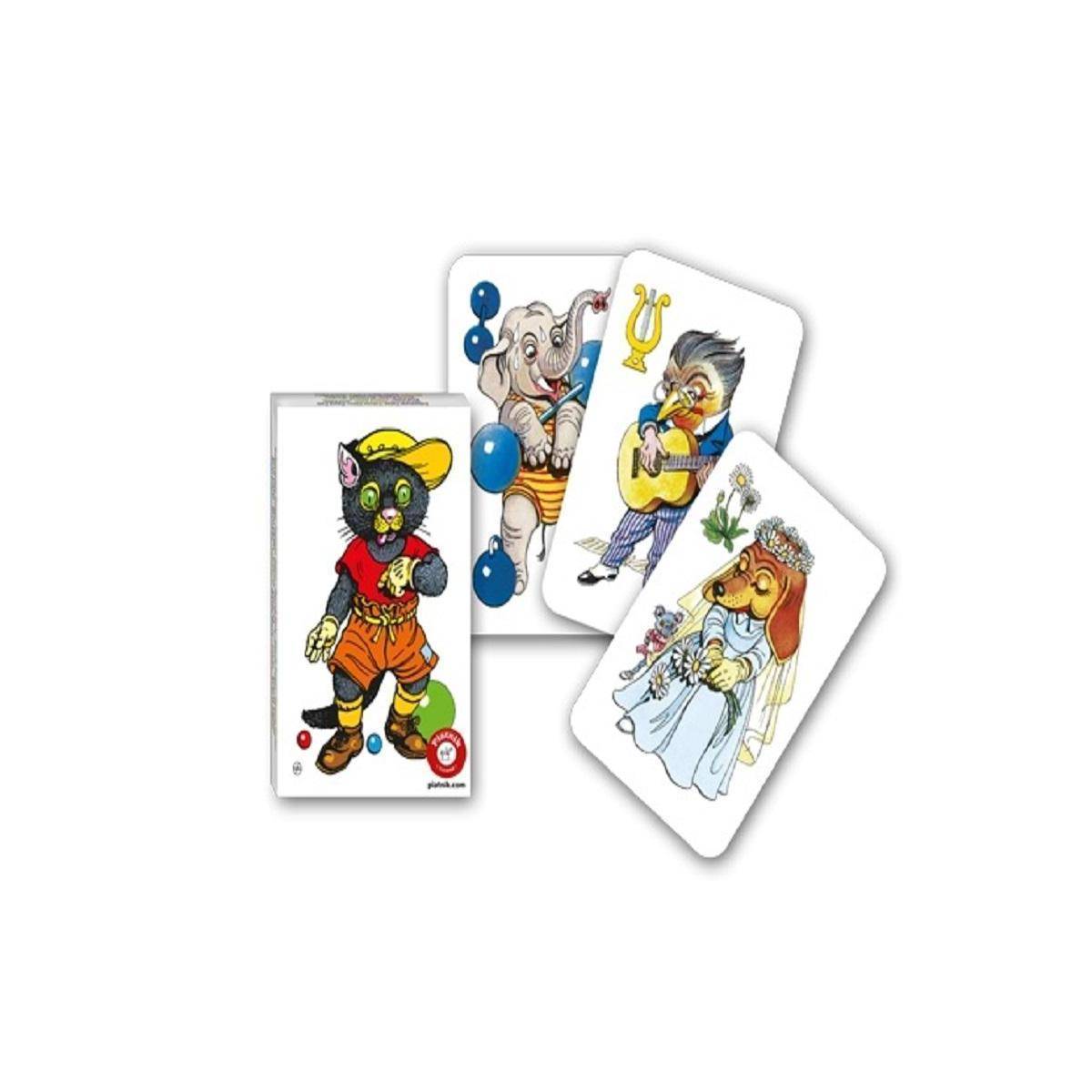 Vier illustrierte Spielkarten mit Cartoon-Tieren, die als verschiedene Charaktere verkleidet sind, auf weißem Hintergrund in einem kleinen, sich überlappenden Fächer angeordnet.