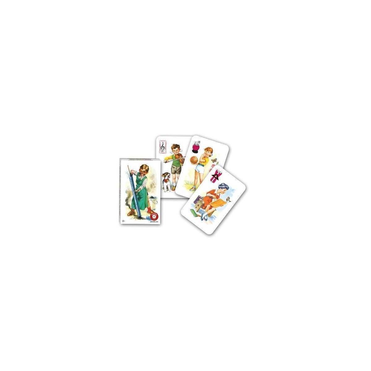 Vier illustrierte Spielkarten, die wie ein Fächer auf weißem Hintergrund angeordnet sind und farbenfrohe Fantasy-Charaktere und Szenen zeigen.