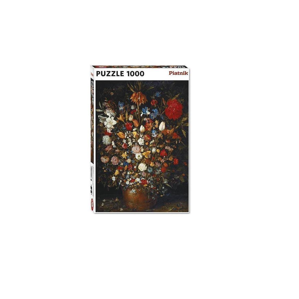 Puzzle 1000er Box mit einem Stillleben-Gemälde eines großen gemischten Blumenstraußes in einer Vase, Marke Piatnik.
