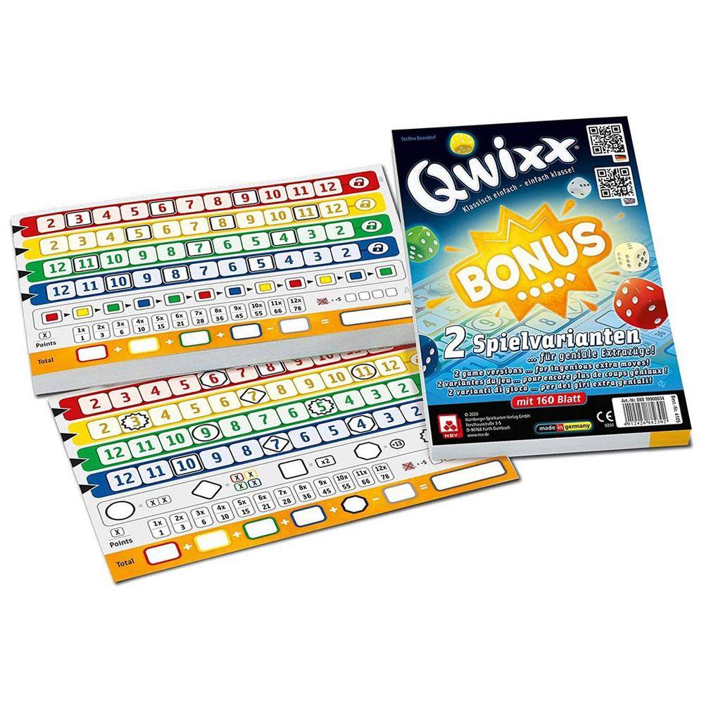 Qwixx Bonus Würfelspiel-Schachtel mit zwei Bewertungsblättern, die die Spielkomponenten und „2 Spielvarianten