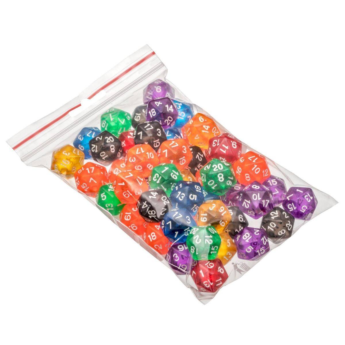 Würfel, 20-seitig, transparent, 50er Beutel