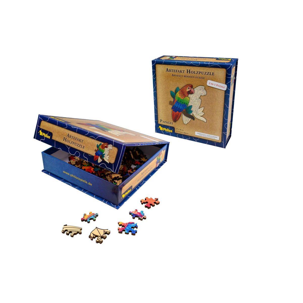 Artefakt Holzpuzzle 2 in 1 Papagei, 172 Teile in magnetischer Klappschachtel
