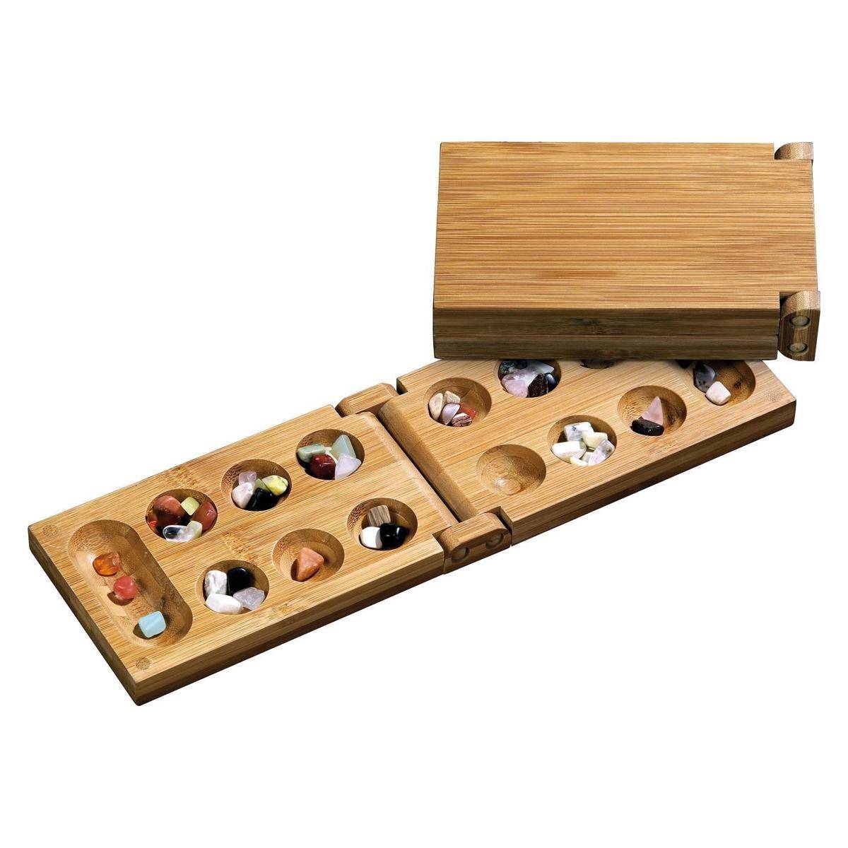 3258 - Kalaha, klappbar, Reisespiel, Bambus, Brettspiel aus Holz, 1-2 Spieler, ab 8 Jahren