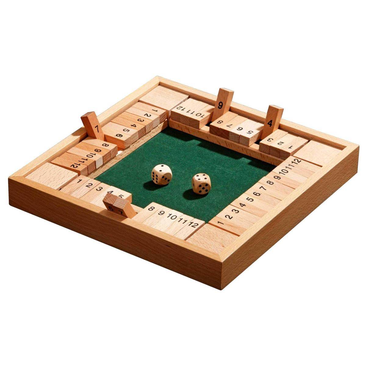 Shut The Box, 12er, 4er Variante,Brettspiel aus Holz, 1-2 Spieler, ab 8 Jahre