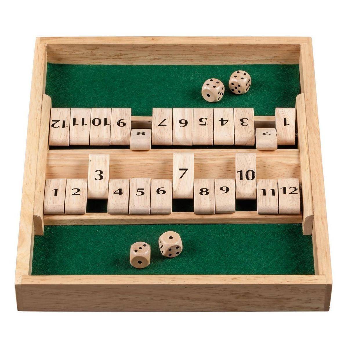 Shut The Box, 12er, 2er Variante, Brettspiel aus Holz, 1-2 Spieler, ab 8 Jahren