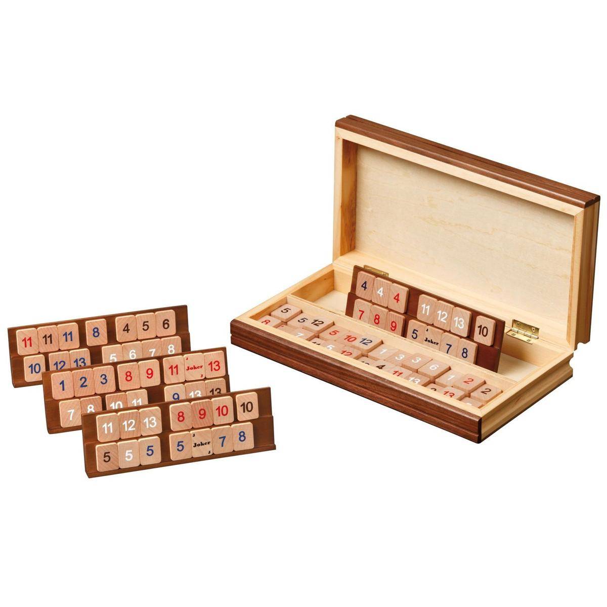 Rummy, Holzkassette, Buchform, Brettspiel aus Holz, 1-2 Spieler, ab 8 Jahren