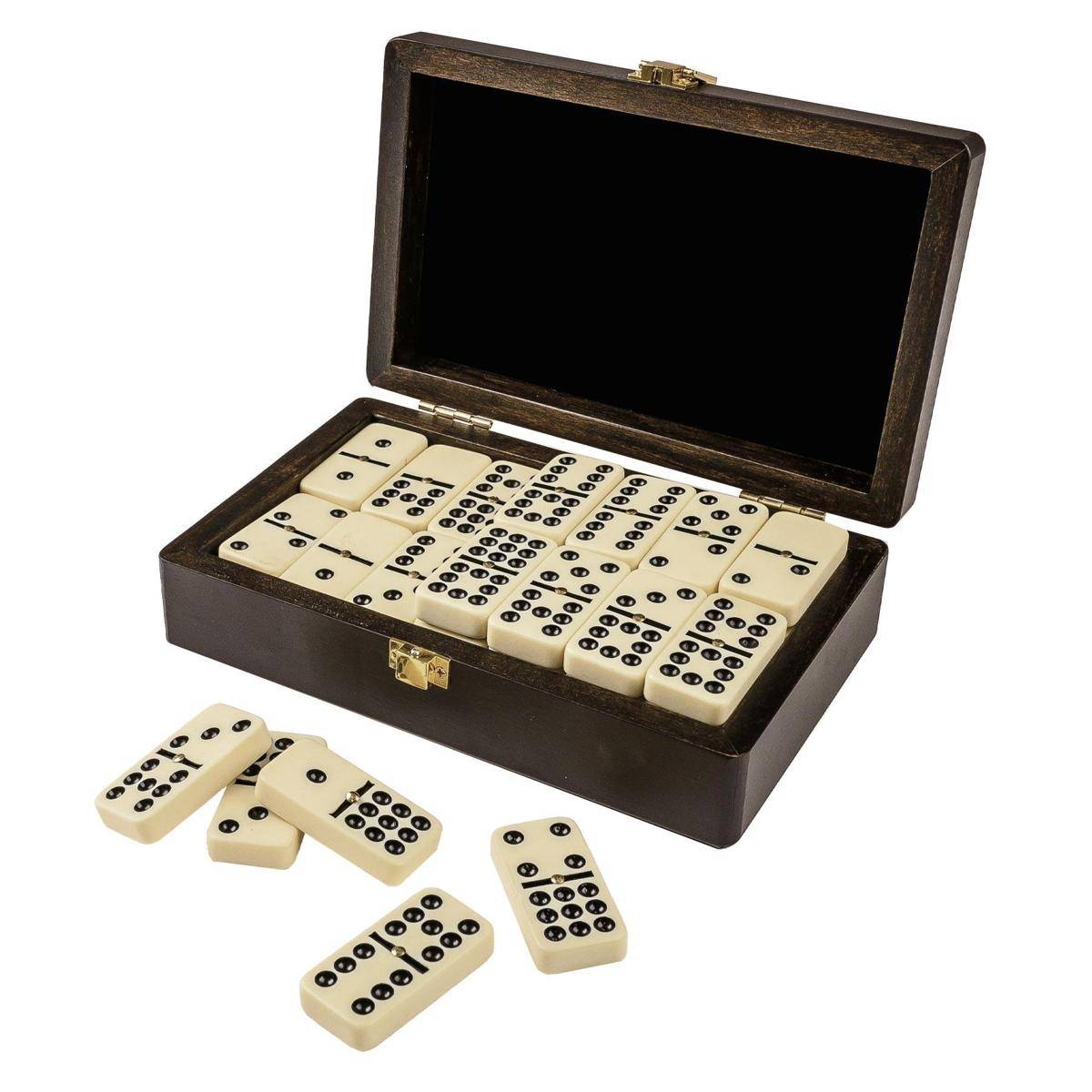 3627 - Domino, Doppel 9, in Box aus Walnussoptik , Brettspiel aus Holz, 1-2 Spieler