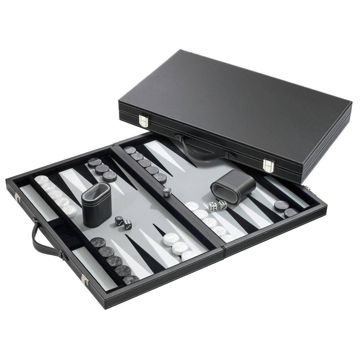 Backgammon grau, medium, Kunstleder, Brettspiel aus Holz, 1-2 Spieler, ab 8 Jahren