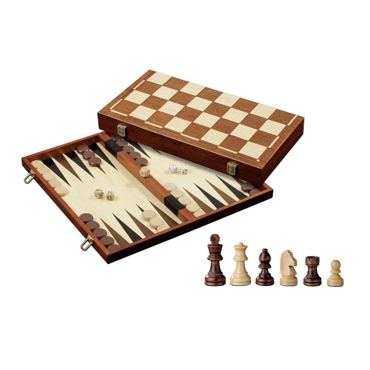 Schach Backgammon Dame Set, Feld 45 mm,Brettspiel aus Holz, 1-2 Spieler, ab 8 Ja