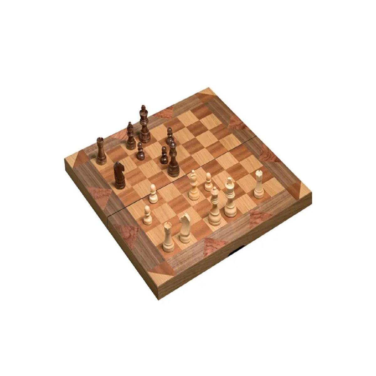 Schach Backgammon Dame Set, Feld 43 mm, Brettspiel, für 2 Spieler, ab 6 Jahren