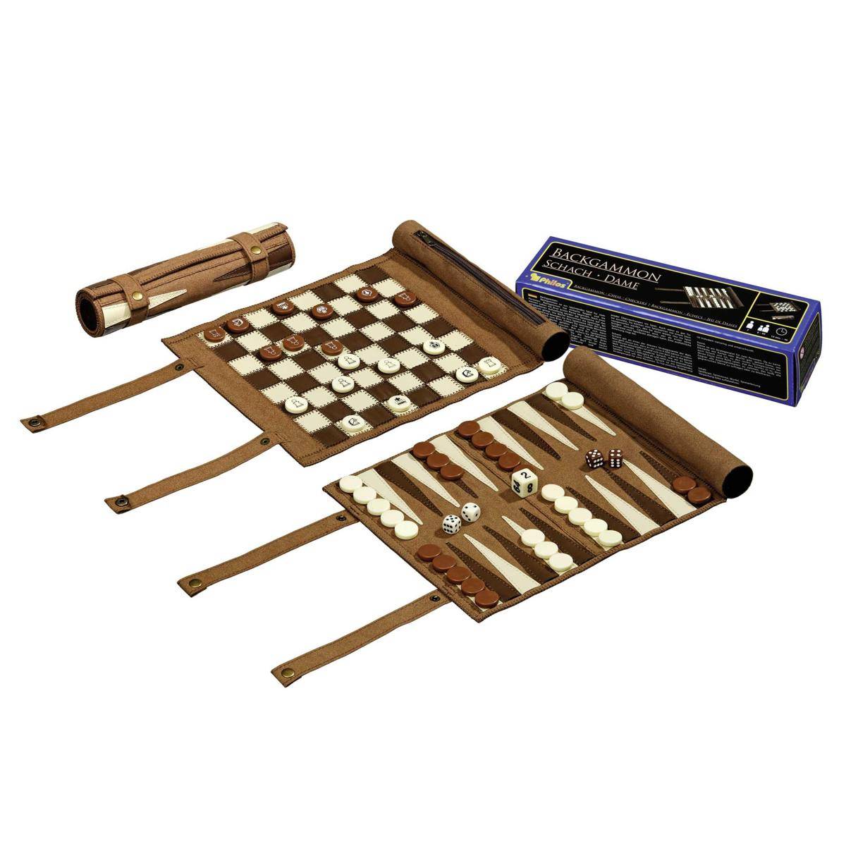 Schach Backgammon Dame Set, Reise, Kunstleder, für 2 Spieler, ab 6 Jahren