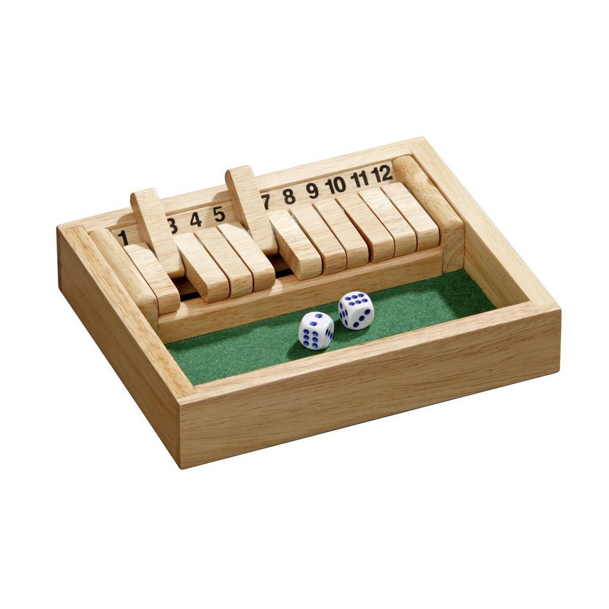 Shut The Box, 12er, klein, Reisespiel, Würfelspiel, für 2+ Spieler, ab 6 Jahren