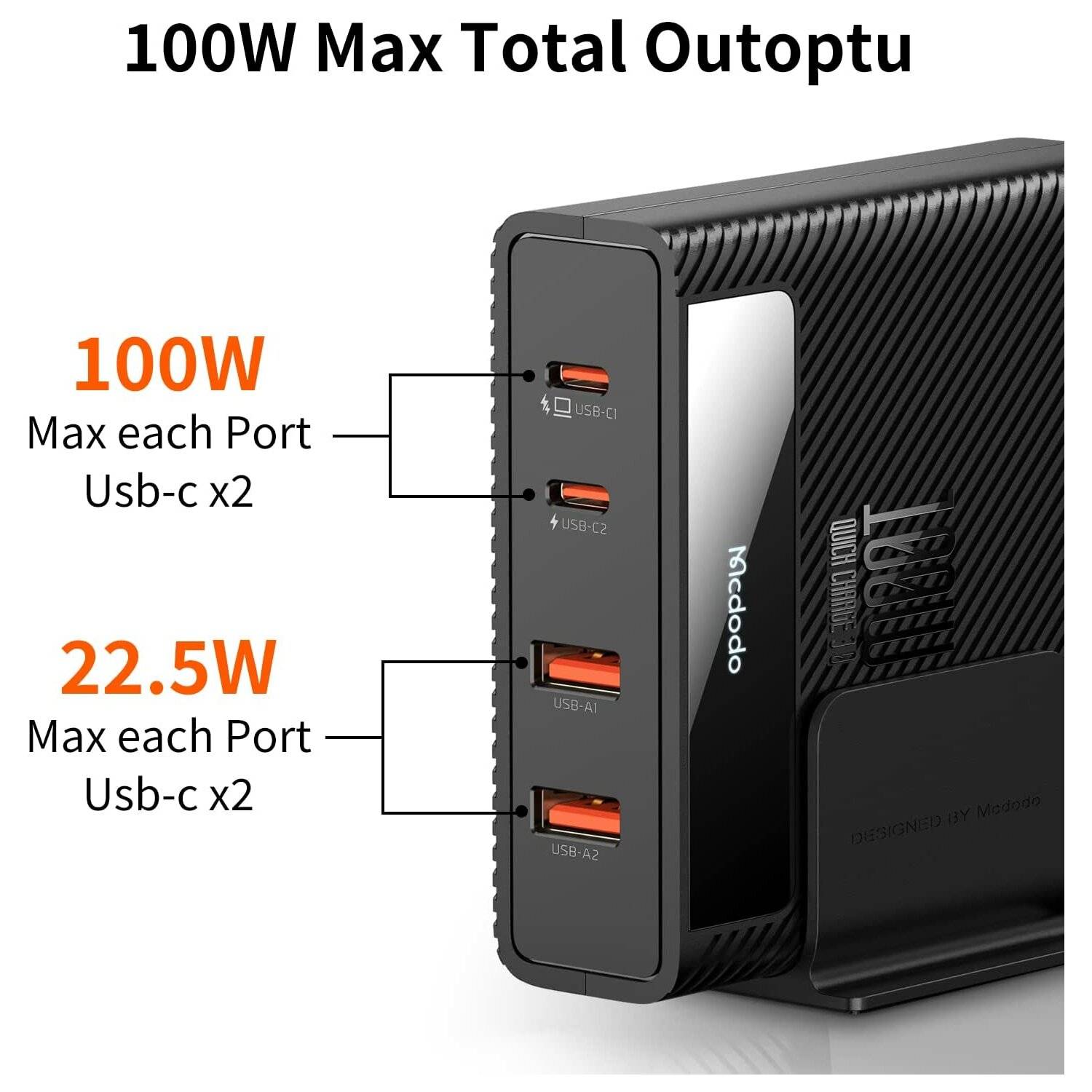 100W Ladegerät Lade Station,PD Schnellladestation, 4-Anschlüsse, 2x USB-C, 2x USB Schwarz
