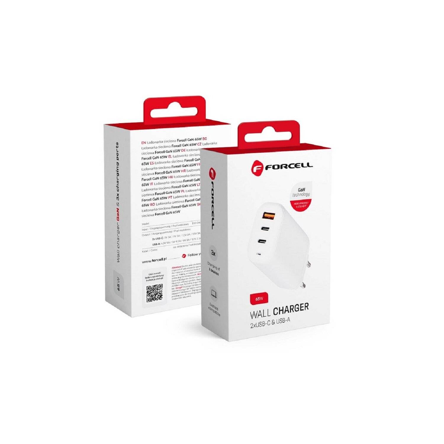 Forcell Reiseladegerät GaN 65W mit 2x USB Typ C Buchse, 1x USB A - 3A mit PD und Quick Charge 4.0 Funktion