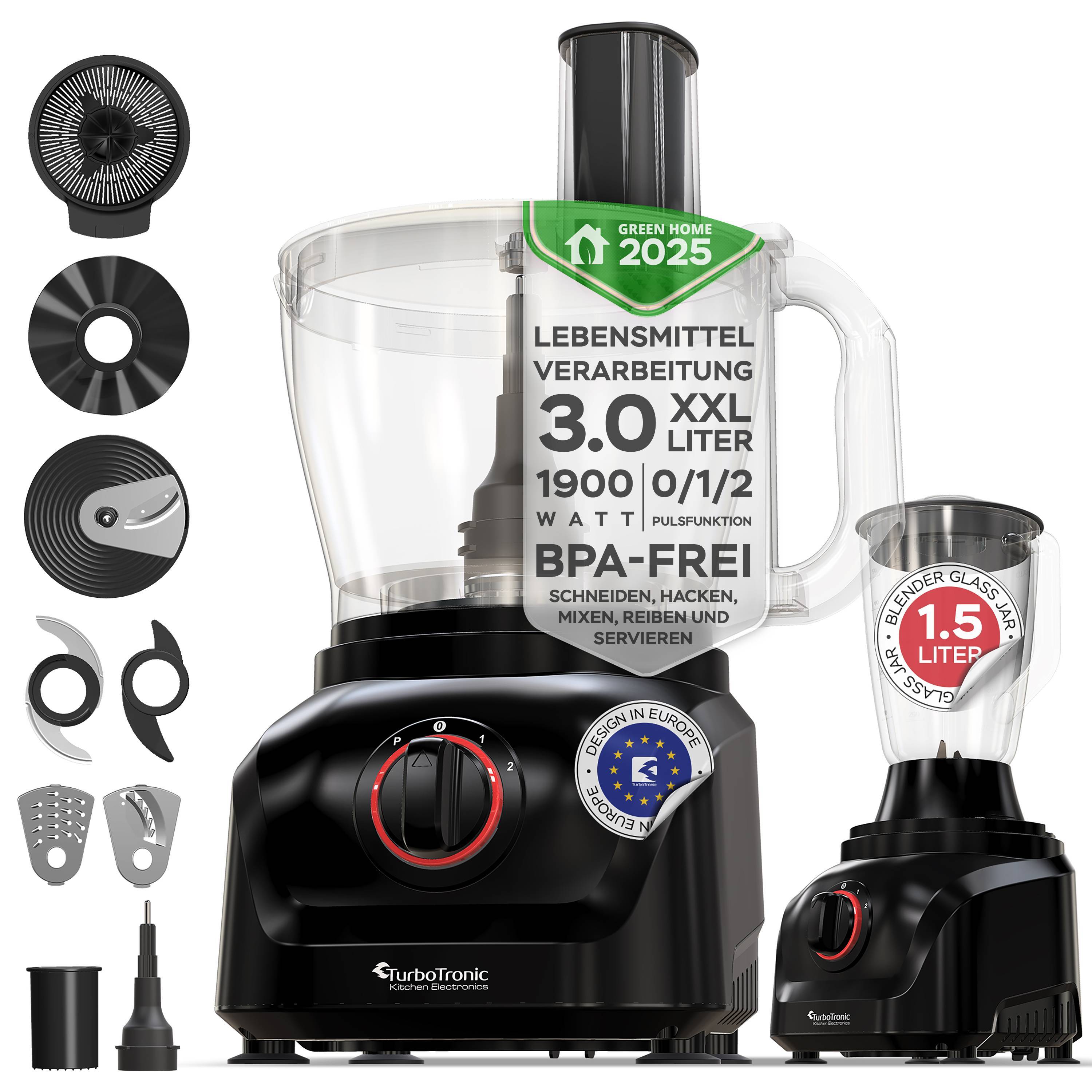 TurboTronic Küchenmaschine 1900W Food Processor mit Standmixer 3L Behälter 1,5L Glaskaraffe Raspelscheiben Zitruspresse Zerkleinerer Eiscrusher Powe