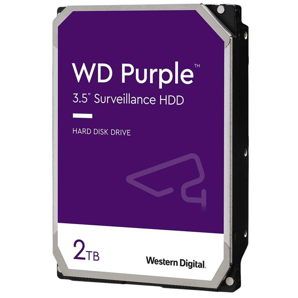 Produktbild einer Western Digital WD Purple 3,5-Zoll-Überwachungs-Festplatte, 2TB, mit violettem und silbernem Etikett.