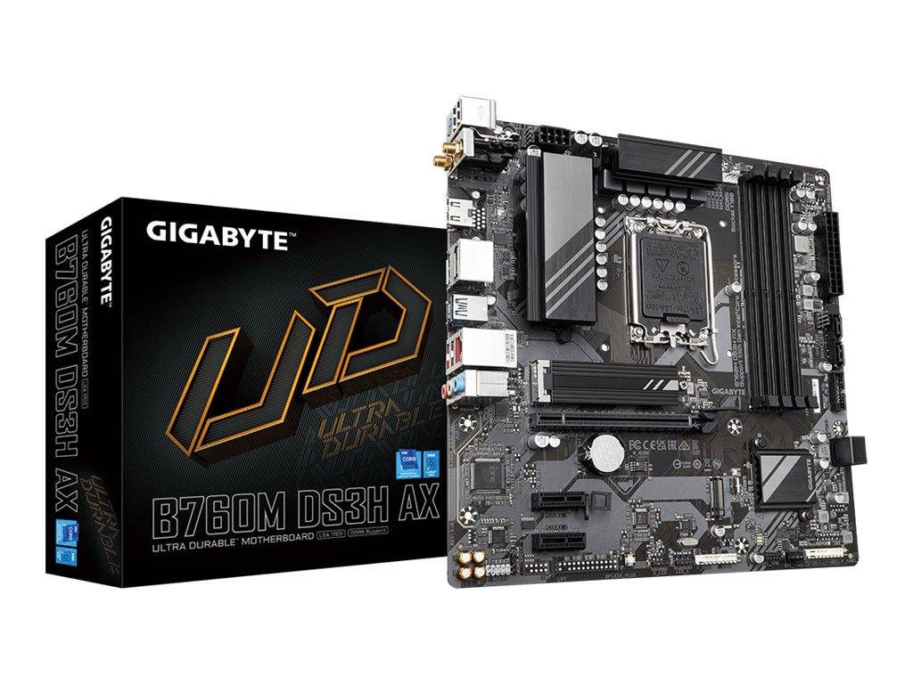 Gigabyte B760M DS3H AX Motherboard neben seiner Einzelhandelsverpackung auf weißem Hintergrund dargestellt.