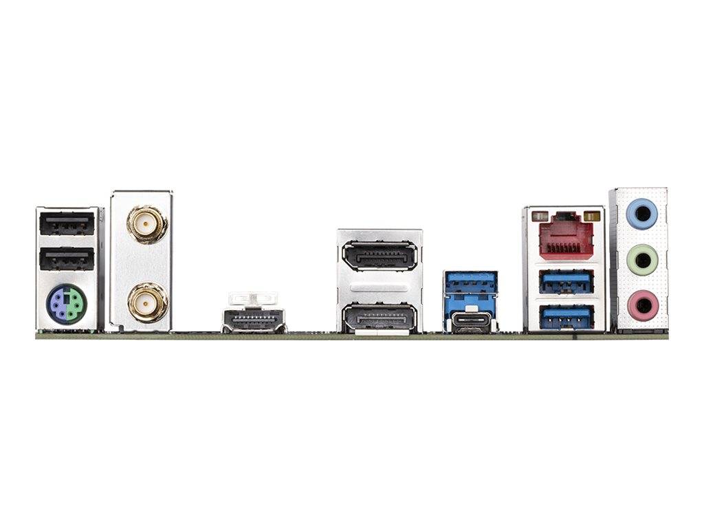 Hintere Computer-Hauptplatinen-E/A-Blende mit mehreren Anschlüssen: USB, PS/2, Koaxial, HDMI, Ethernet und Audio-Buchsen.