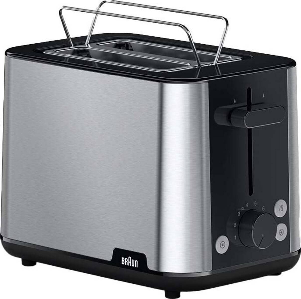 Edelstahl-Toaster von Braun mit zwei Schlitzen, Bräunungsregler, Seitenhebel und schwarzen Akzenten auf weißem Hintergrund.