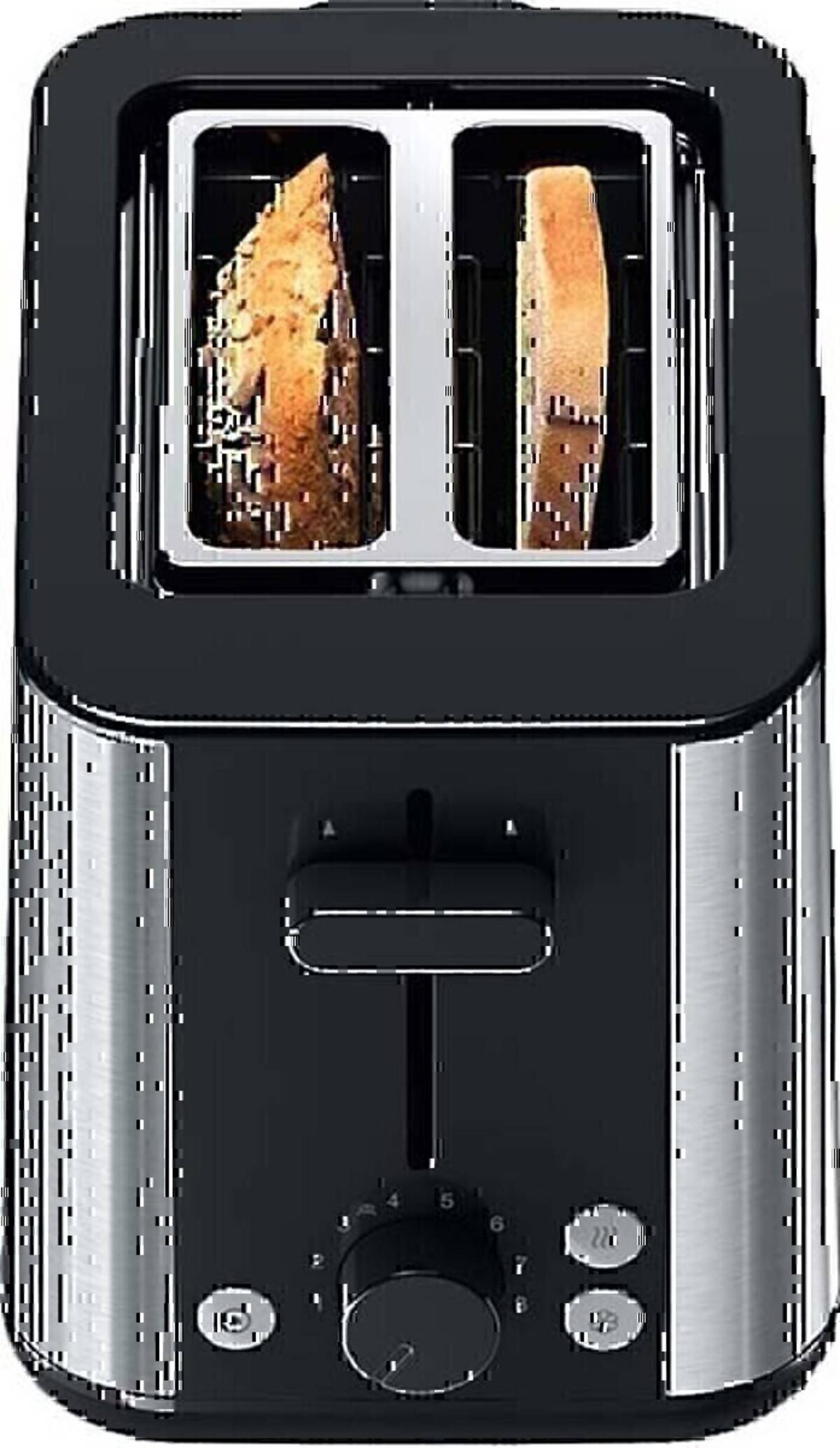 Schwarzer Zwei-Scheiben-Toaster mit teilweise geröstetem Brot, vorderer Hebel, Bräunungsregler und sichtbare Cancel-/Aufwärm-Tasten.