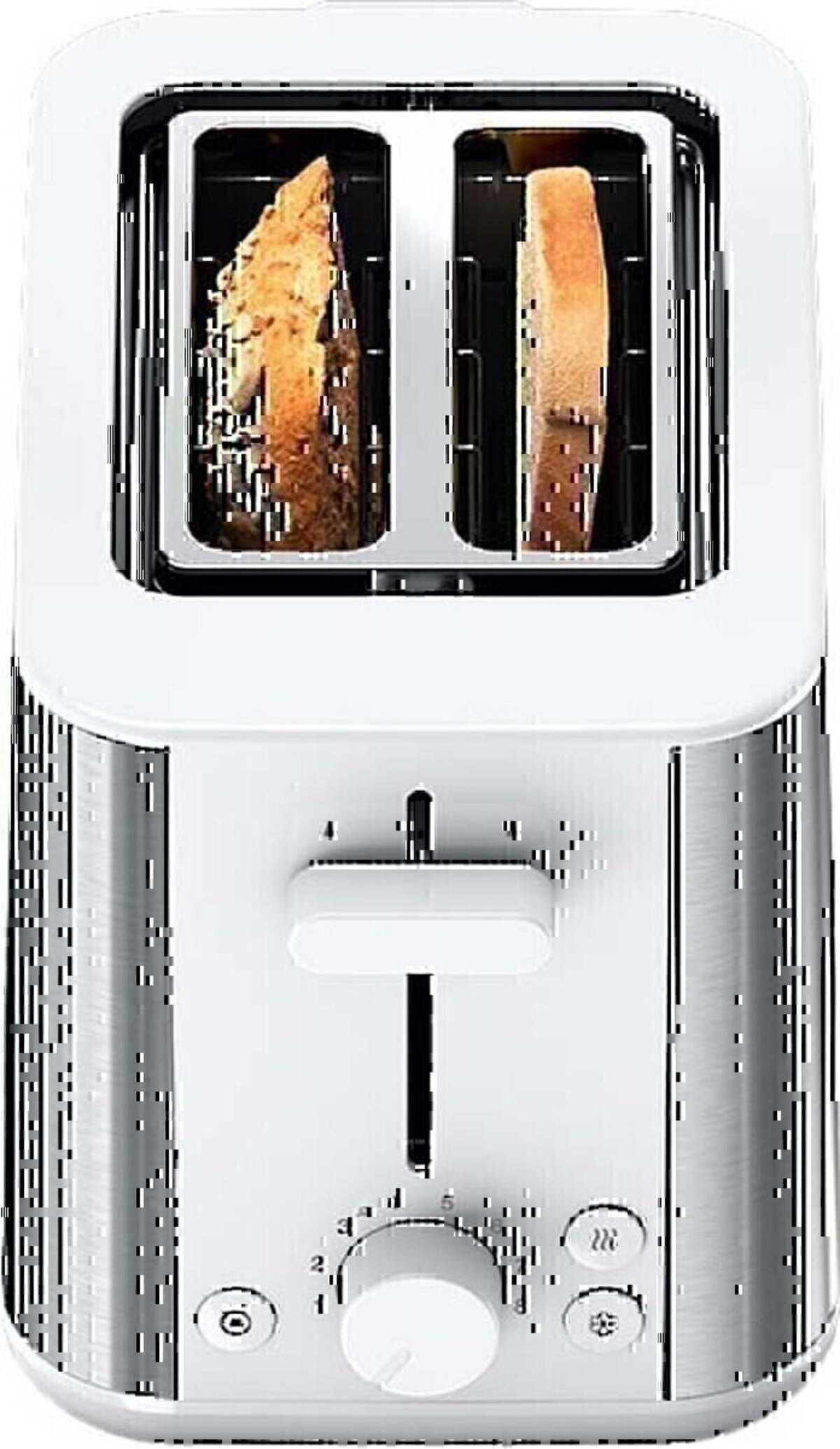 Weißer Toaster mit zwei Scheiben Brot, die toasten, Vorderansicht, mit einem Regler und Tasten.