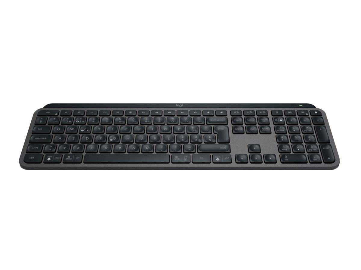 Schwarze kabellose Computertastatur in Vollgröße auf weißem Hintergrund mit Zahlenblock und flachen Tasten.