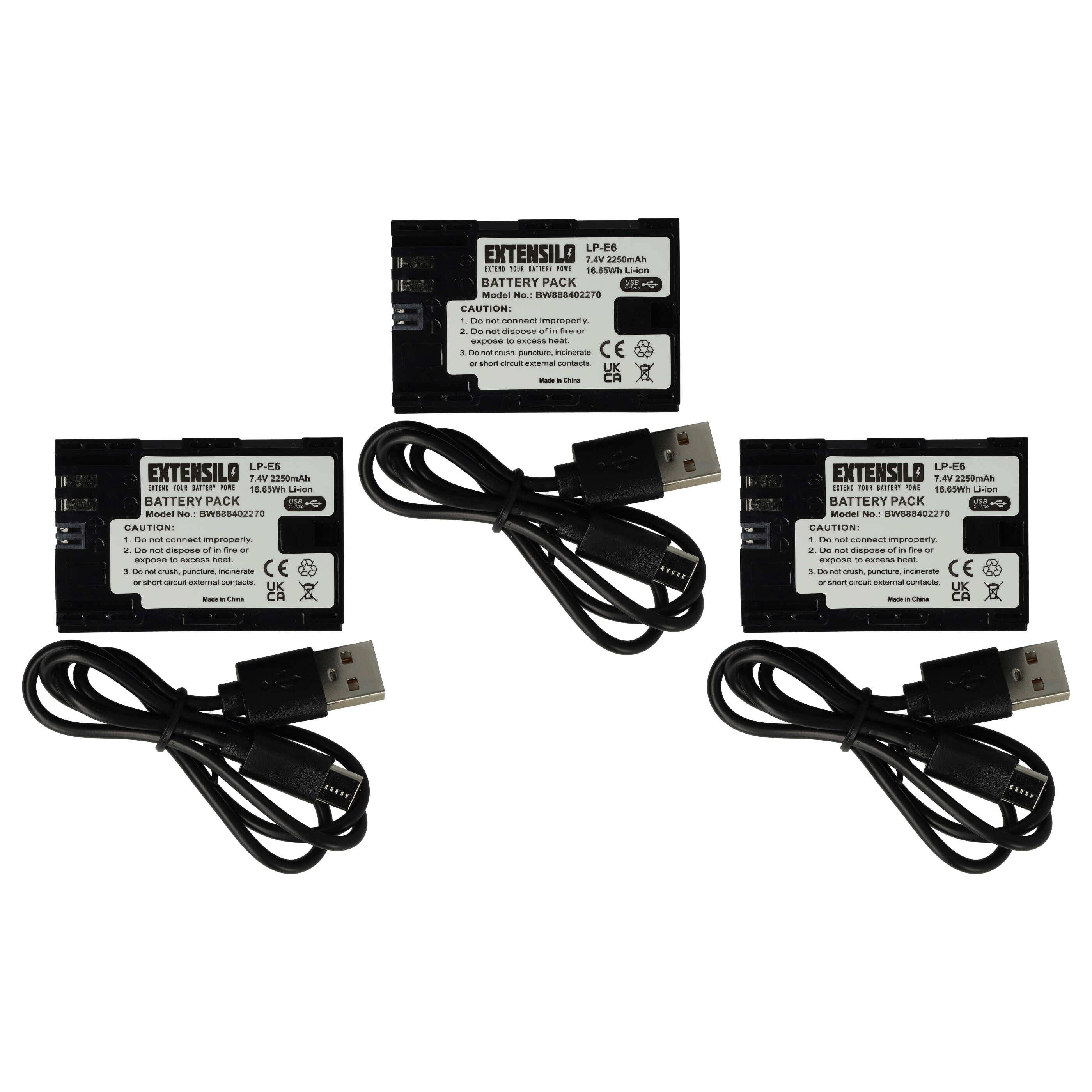 EXTENSILO 3x Akku kompatibel mit Canon XC10, WFT-E5, WFT-E7, XC15 Kamera (2250 mAh, 7,4 V, Li-Ion), USB-C Buchse