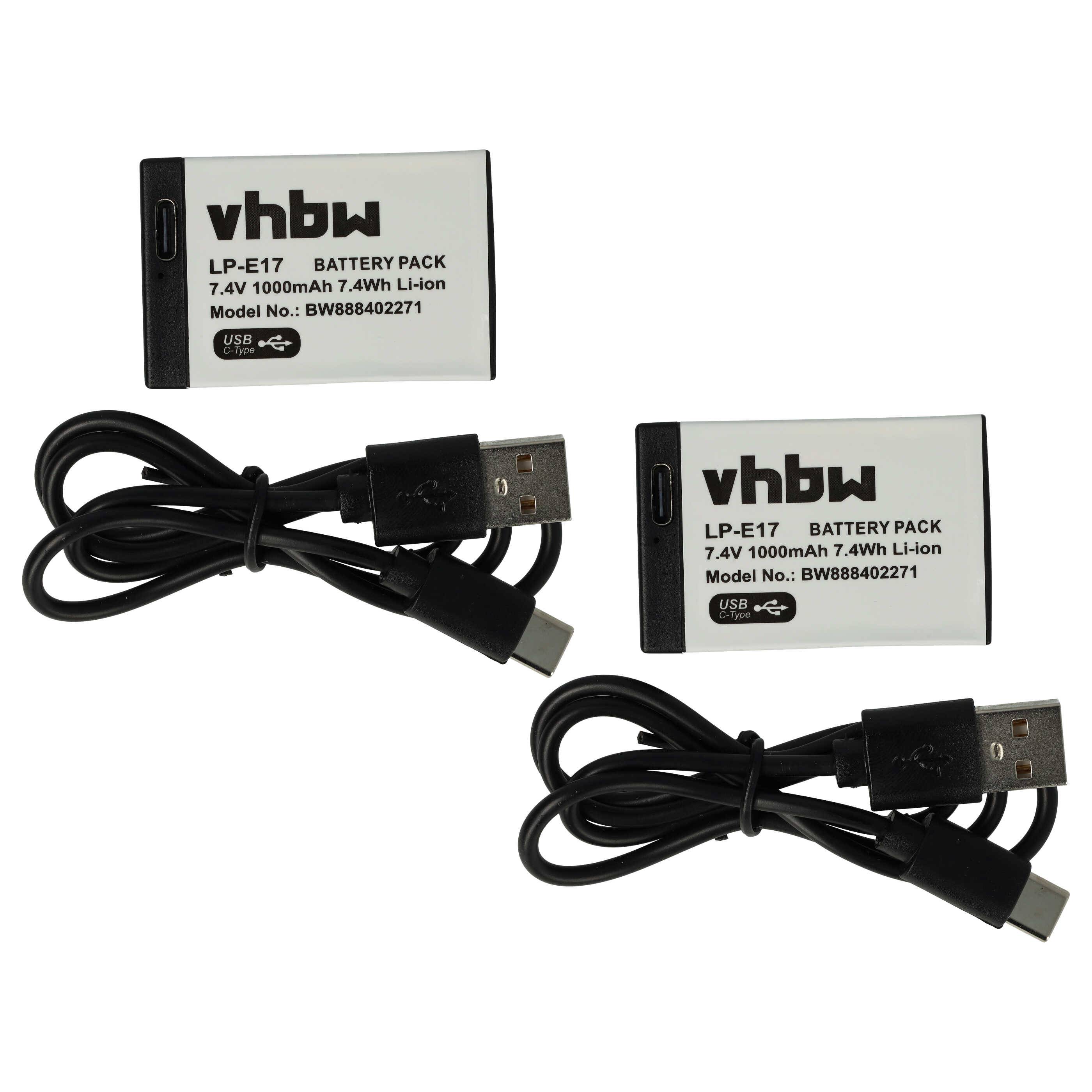 Drei schwarze USB-Kabel und zwei weiße Akkupacks mit der Bezeichnung „vhbw LP-E17 7.4V 1040mAh 7.4Wh Li-Ion Modell Nr.: BWB88402271