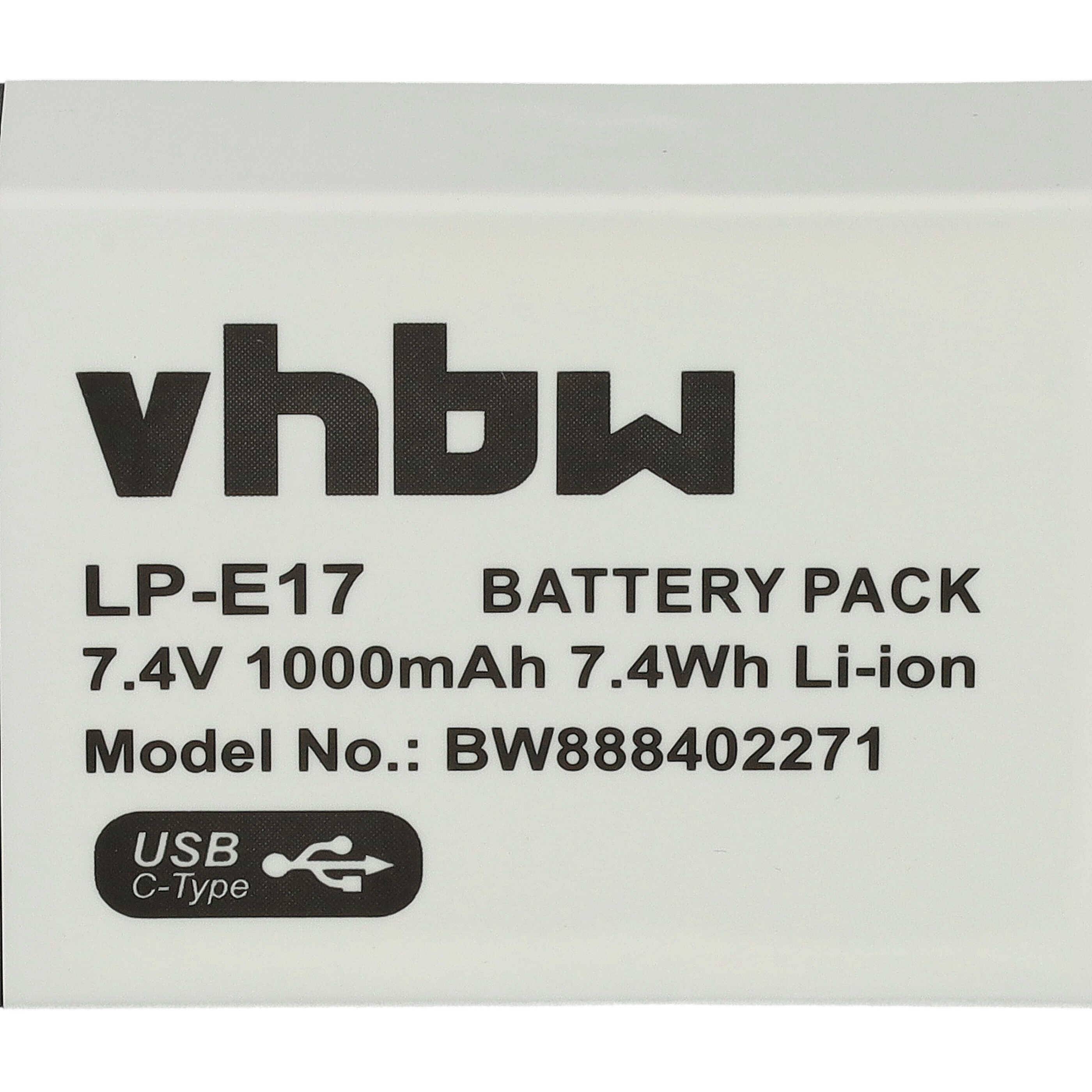 vhbw 2x Akku kompatibel mit Canon EOS 750D, 8000D, 850D, 800D, 200D, 250D, 760D, 77D Kamera (1000 mAh, 7,4 V, Li-Ion), USB-C Buchse