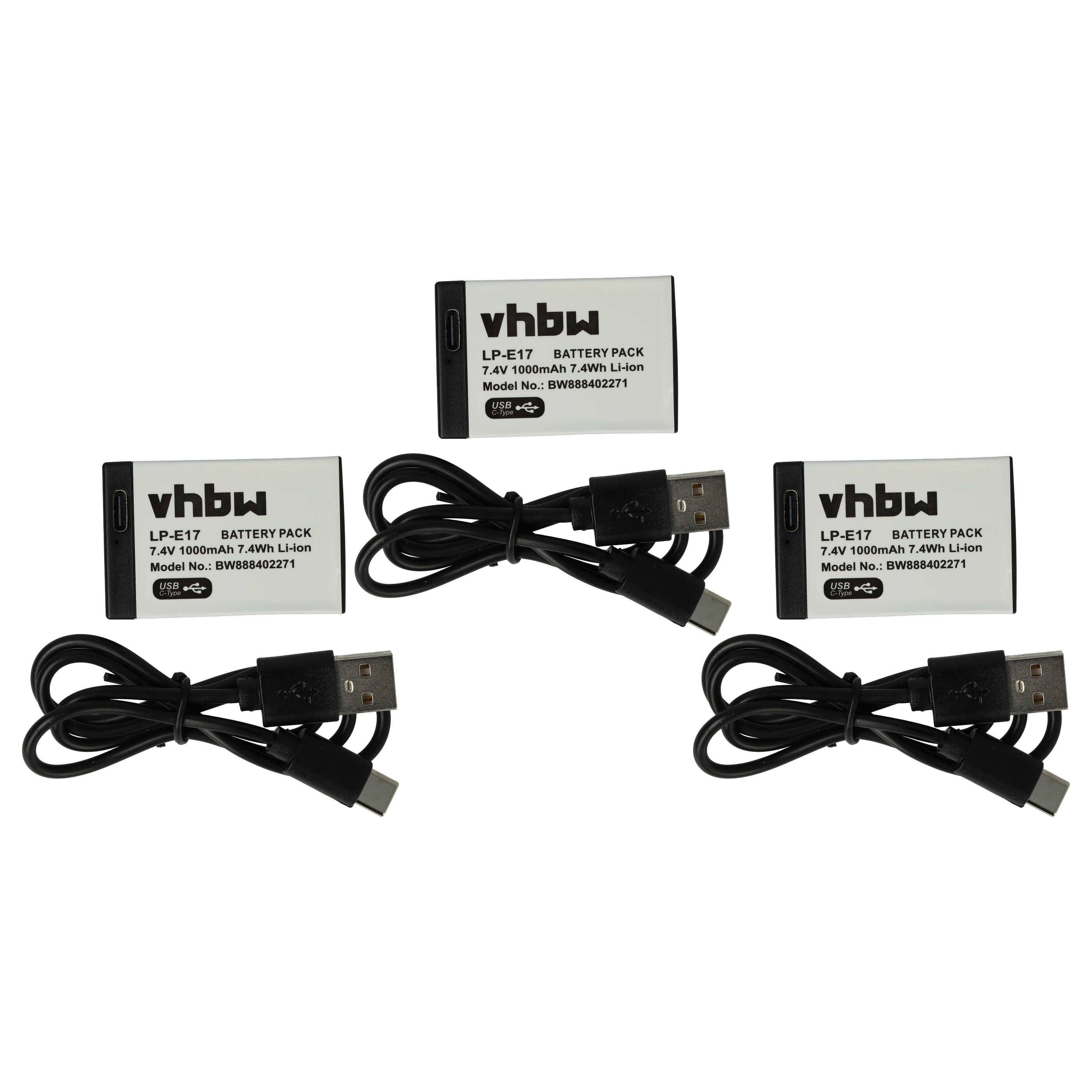 vhbw 3x Akku kompatibel mit Canon EOS 770D, 750D, 8000D, 850D, 800D, 200D, 250D, 760D, 77D Kamera (1000 mAh, 7,4 V, Li-Ion), USB-C Buchse
