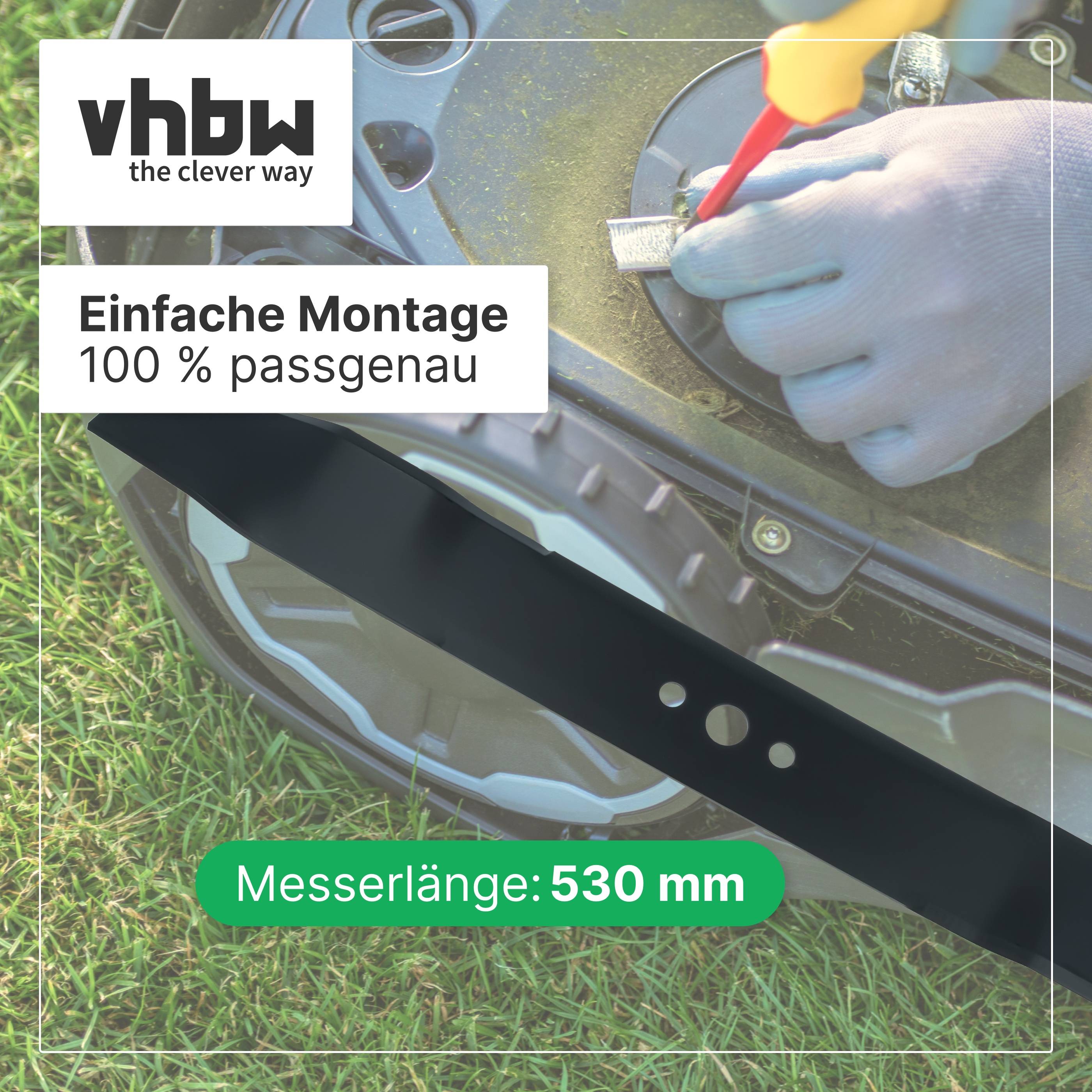 vhbw Rasenmähermesser, das von behandschuhten Händen installiert wird, mit dem Text „Einfache Montage, 100 % passgenau
