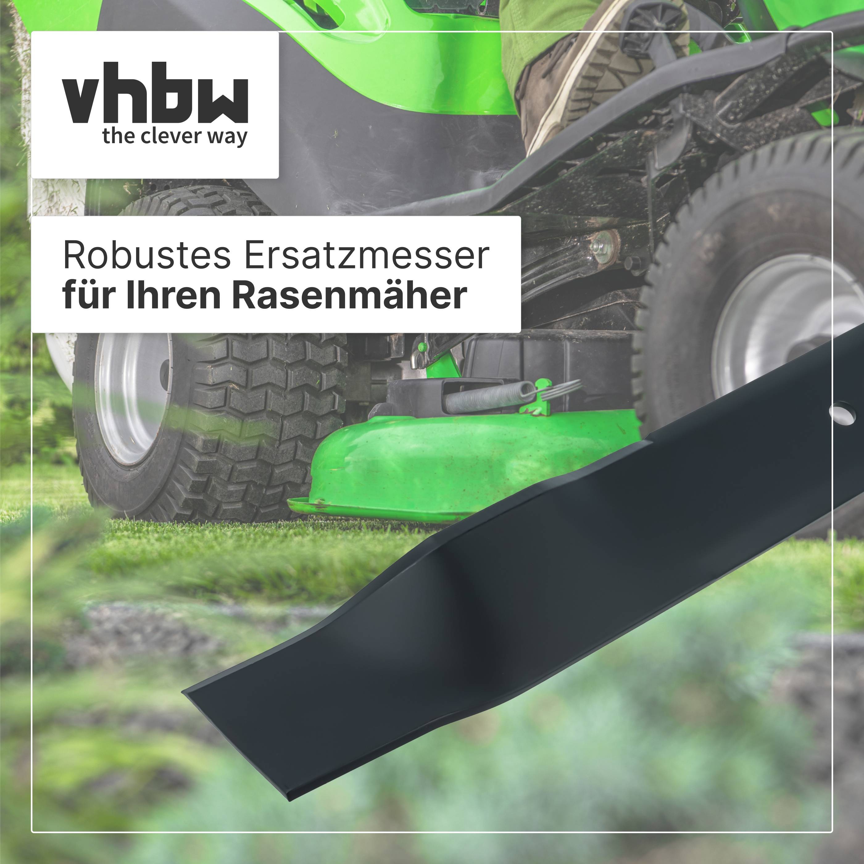 vhbw Anzeige für ein robustes Ersatzmesser für den Rasenmäher, zeigt einen grünen Rasenmäher und ein schwarzes Messer mit dem Text „Robustes Ersatzmesser für Ihren Rasenmäher