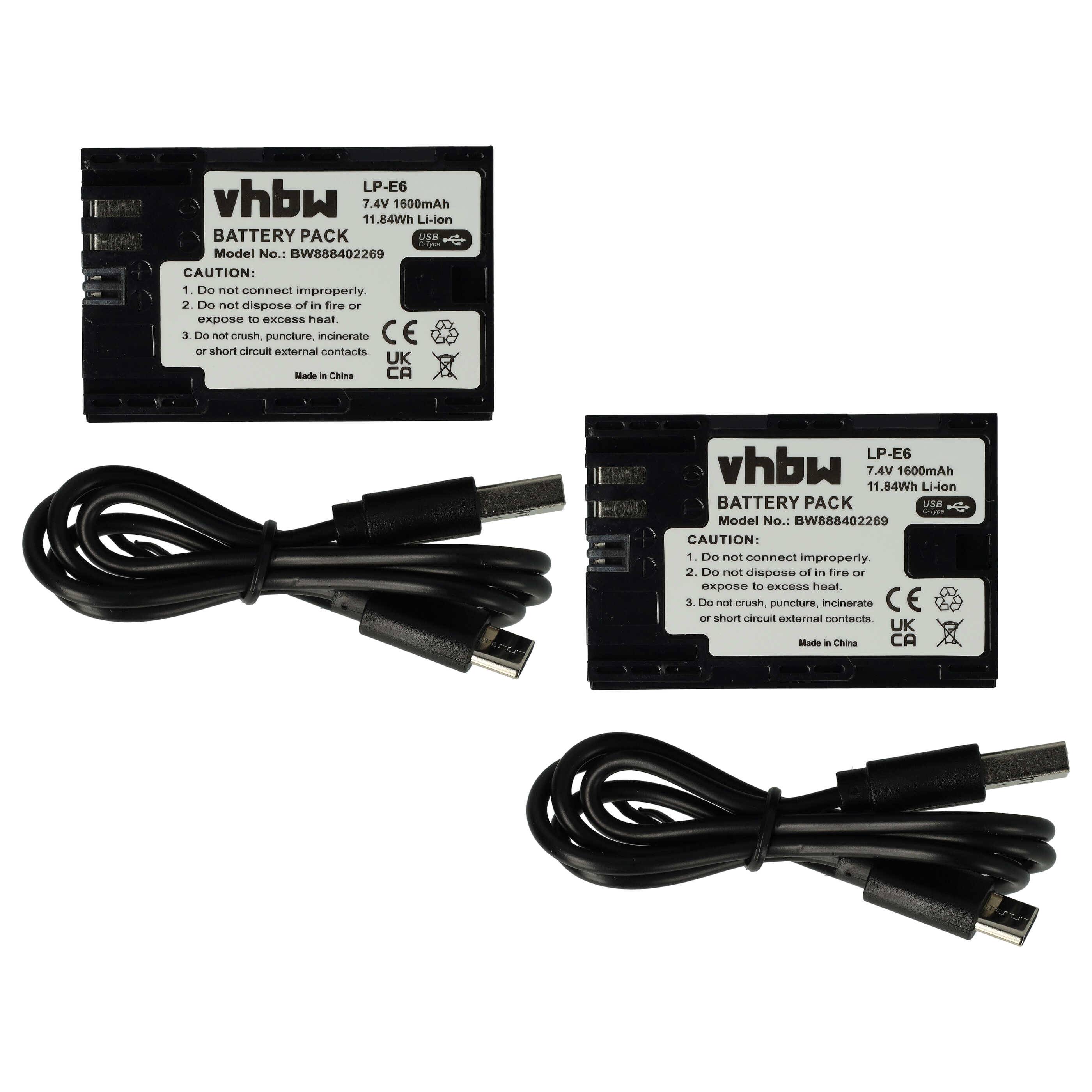 vhbw 2x Akku kompatibel mit Tether Tools Air Direct Kamera (1600 mAh, 7,4 V, Li-Ion), USB-C Buchse