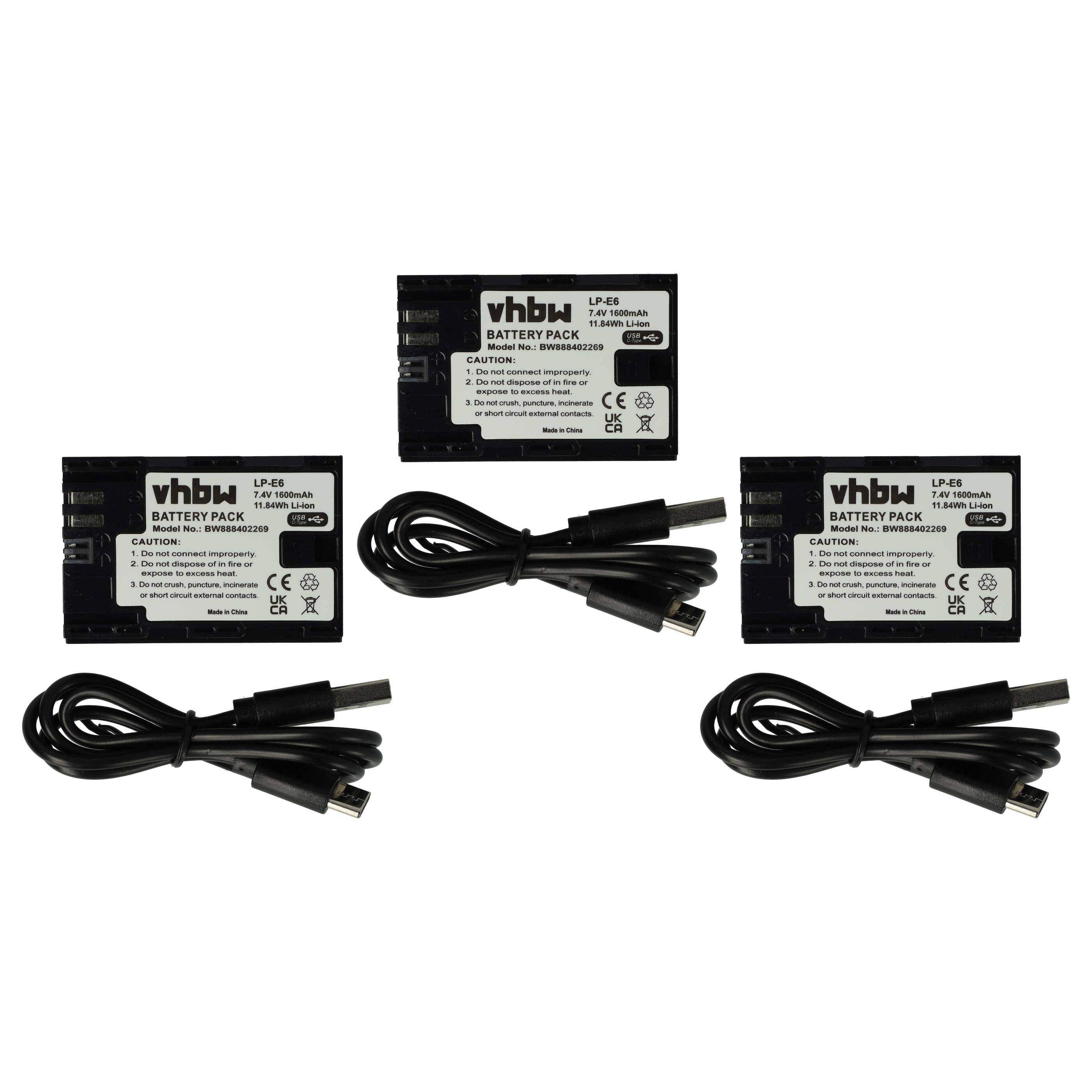 vhbw 3x Akku kompatibel mit Canon XC10, XC15 Kamera (1600 mAh, 7,4 V, Li-Ion), USB-C Buchse