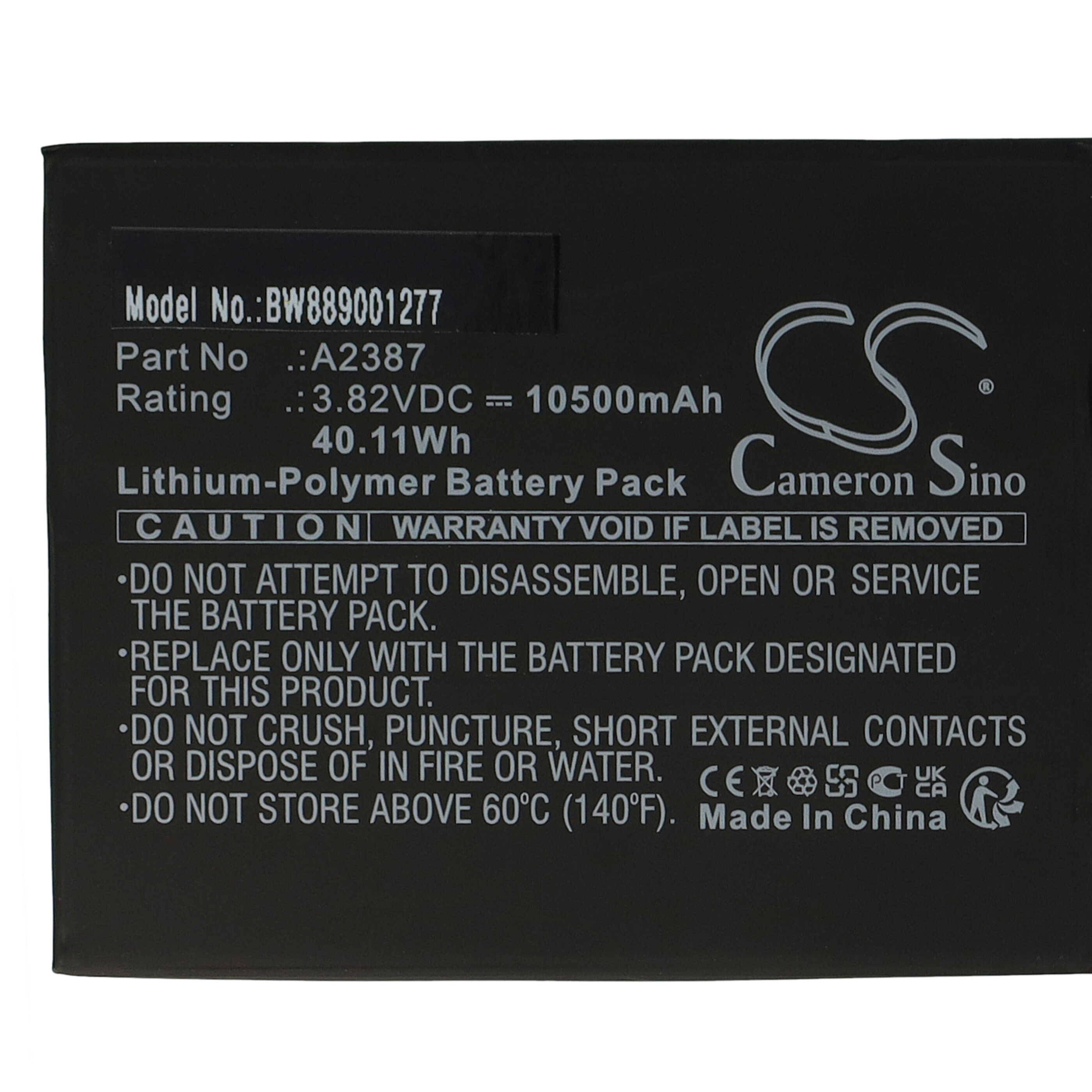 Schwarzer Lithium-Polymer-Akkupack mit weißer Beschriftung, die Teil-/Modellnummern, Bewertung (3,82 VDC, 10500 mAh), Sicherheitswarnungen und Herstellerangaben enthält.