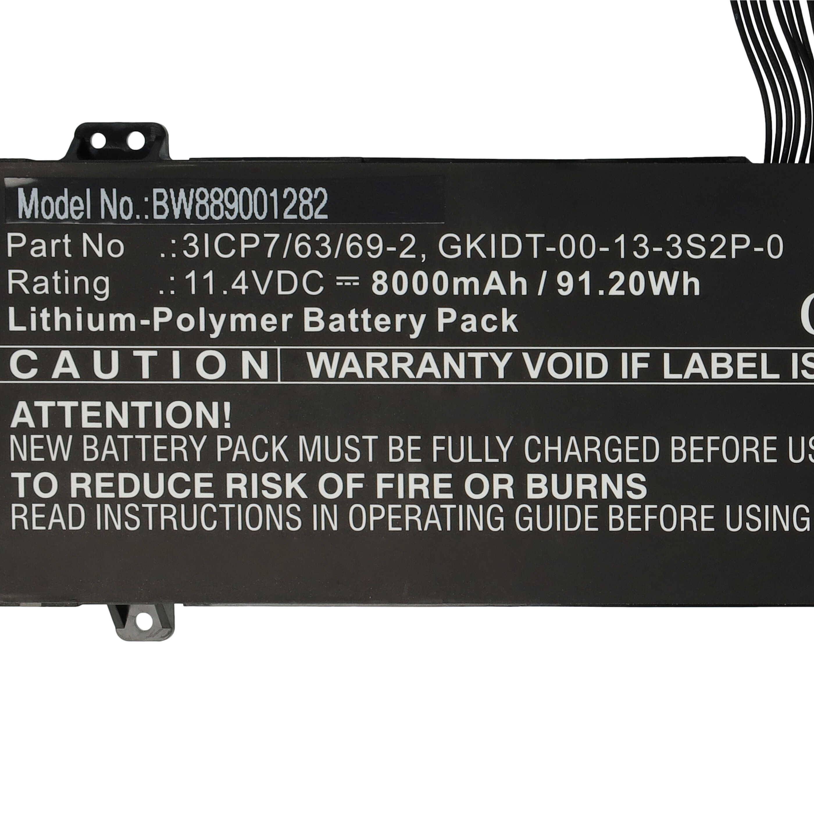 vhbw Akku Ersatz für Adata 3ICP7/63/69-2, GKIDT-00-13-3S2P-0 für Notebook (8000mAh, 11,4V, Li-Polymer)