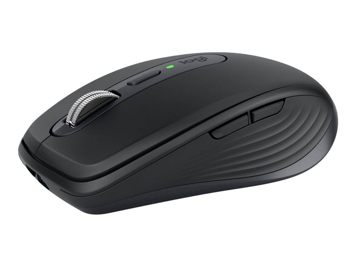 Schwarze kabellose ergonomische Computermaus mit Scrollrad und Seitentasten auf weißem Hintergrund.