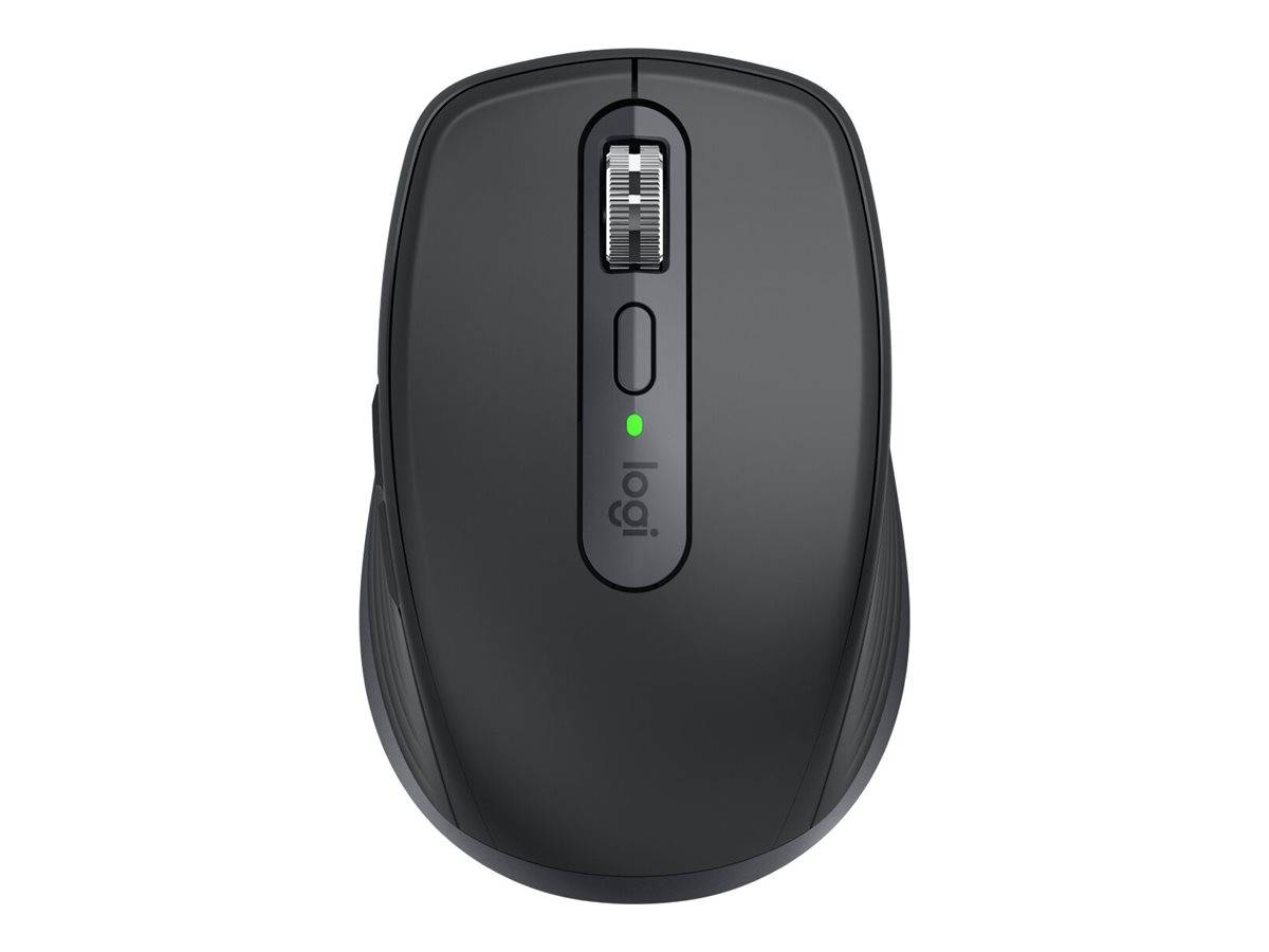 Schwarze kabellose Logitech-Computermaus von oben dargestellt, mit Scrollrad, zentraler Taste und grüner Kontrollleuchte.