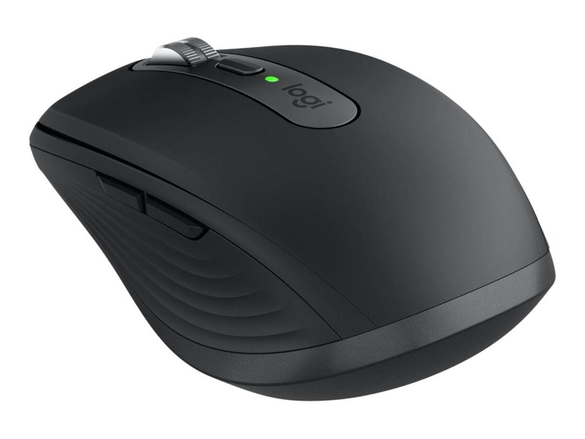 Schwarze kabellose Logitech-Maus mit Scrollrad und Seitentasten, auf weißem Hintergrund dargestellt.