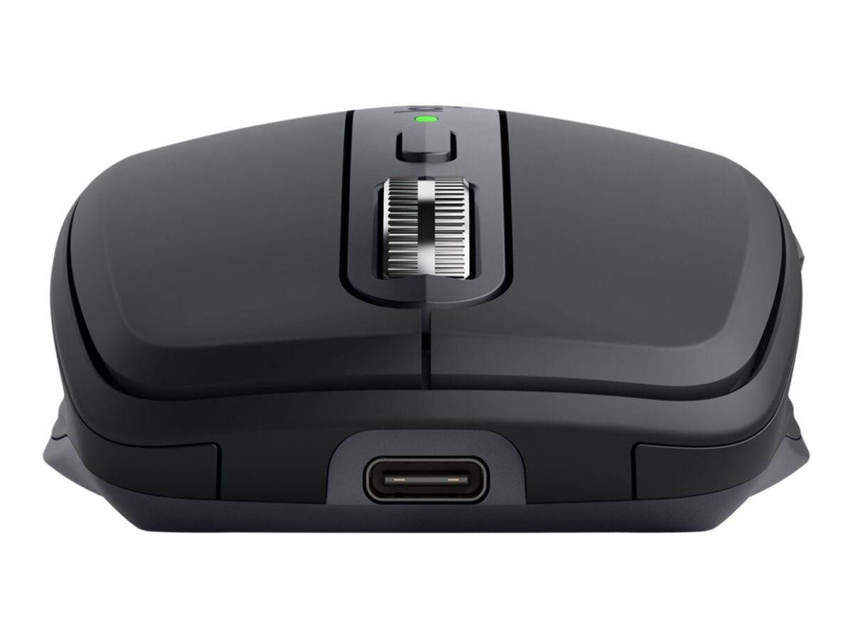 Schwarze kabellose Maus von vorne gezeigt, mit sichtbarem Scrollrad, Statusleuchte und USB-C-Ladeanschluss.