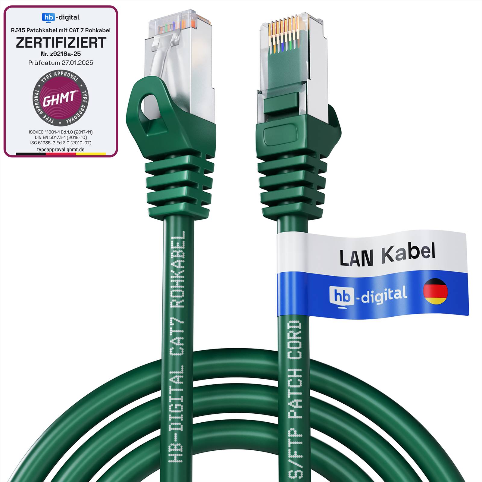 Grünes CAT7 Ethernet-/LAN-Kabel mit RJ45-Steckern, gezeigt mit hb-digital Zertifizierungsabzeichen und „LAN Kabel