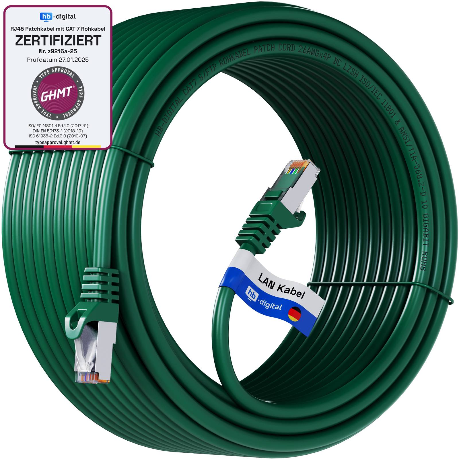 hb-digital Patch Kabel CAT 7 Rohkabel RJ45 S/FTP PiMF 30m grün
