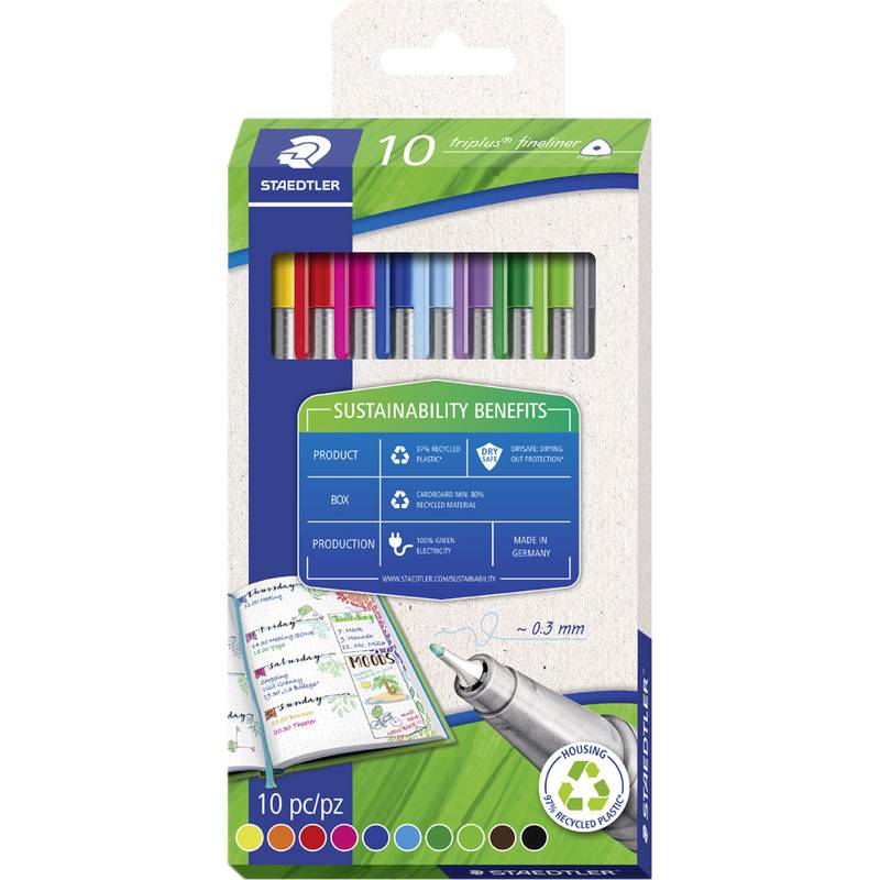Verpackung für Staedtler triplus fineliner Stifte, 10 assortierte Farben, mit Nachhaltigkeitsvorteilen und 0,3 mm Spitze auf der Schachteln dargestellt.