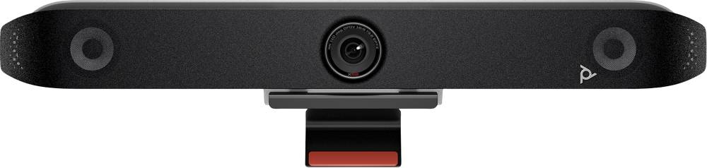 Schwarze Konferenz-Webcam mit zentralem Objektiv, dualen Seitensensoren und Klemmhalterung zur Befestigung am Monitor.