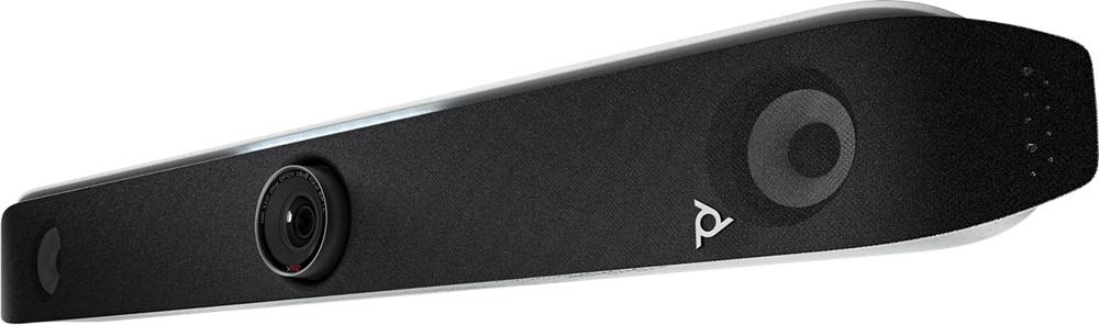 Schwarze Poly Studio Videokonferenz-Soundbar mit Kamera, Linse und Lautsprechergitter, auf weißem Hintergrund dargestellt.